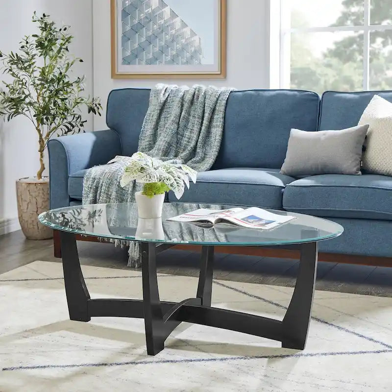 Table basse ovale en verre de 122 cm, table basse centrale ronde noire avec plateau en verre
