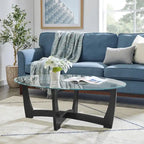 Table basse ovale en verre de 122 cm, table basse centrale ronde noire avec plateau en verre