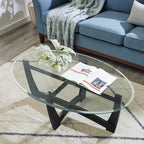 Table basse ovale en verre de 122 cm, table basse centrale ronde noire avec plateau en verre