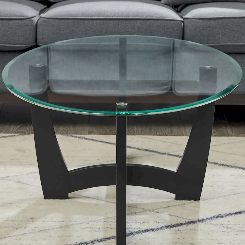 Table basse ovale en verre de 122 cm, table basse centrale ronde noire avec plateau en verre