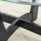 Table basse ovale en verre de 122 cm, table basse centrale ronde noire avec plateau en verre