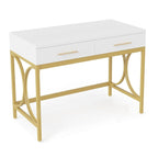 Bureau d'ordinateur, plateau blanc de 104 cm, 2 tiroirs, base dorée
