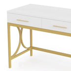 Bureau d'ordinateur, plateau blanc de 104 cm, 2 tiroirs, base dorée
