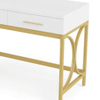 Bureau d'ordinateur, plateau blanc de 104 cm, 2 tiroirs, base dorée
