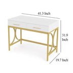 Bureau d'ordinateur, plateau blanc de 104 cm, 2 tiroirs, base dorée