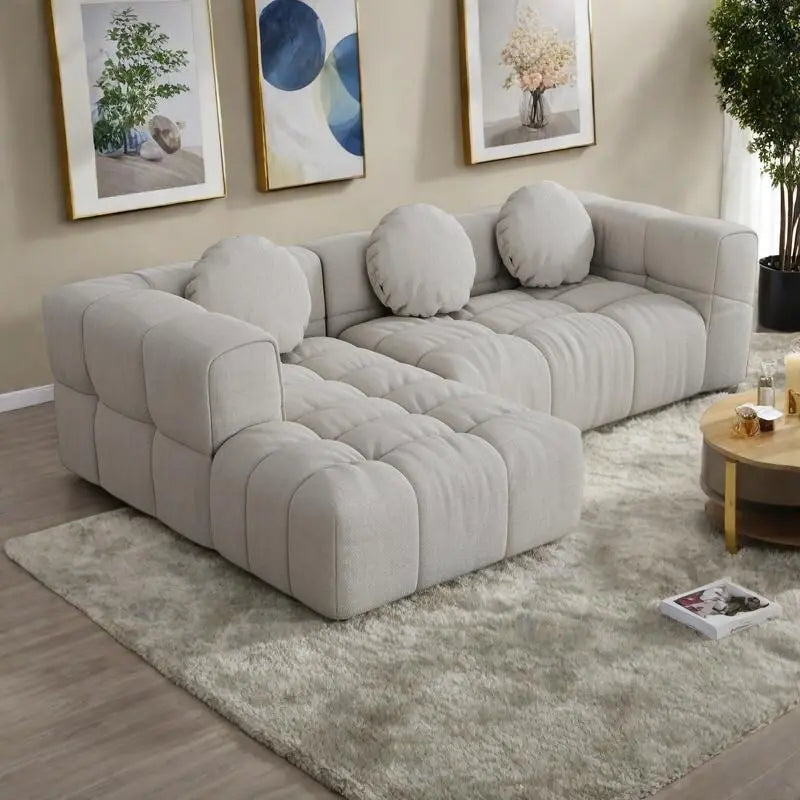 Canapé d'angle en chenille 103, forme en L, avec inclinaison à gauche, 3 oreillers et design modulaire