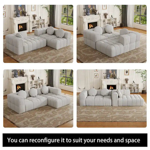 Canapé d'angle en chenille 103, forme en L, avec inclinaison à gauche, 3 oreillers et design modulaire