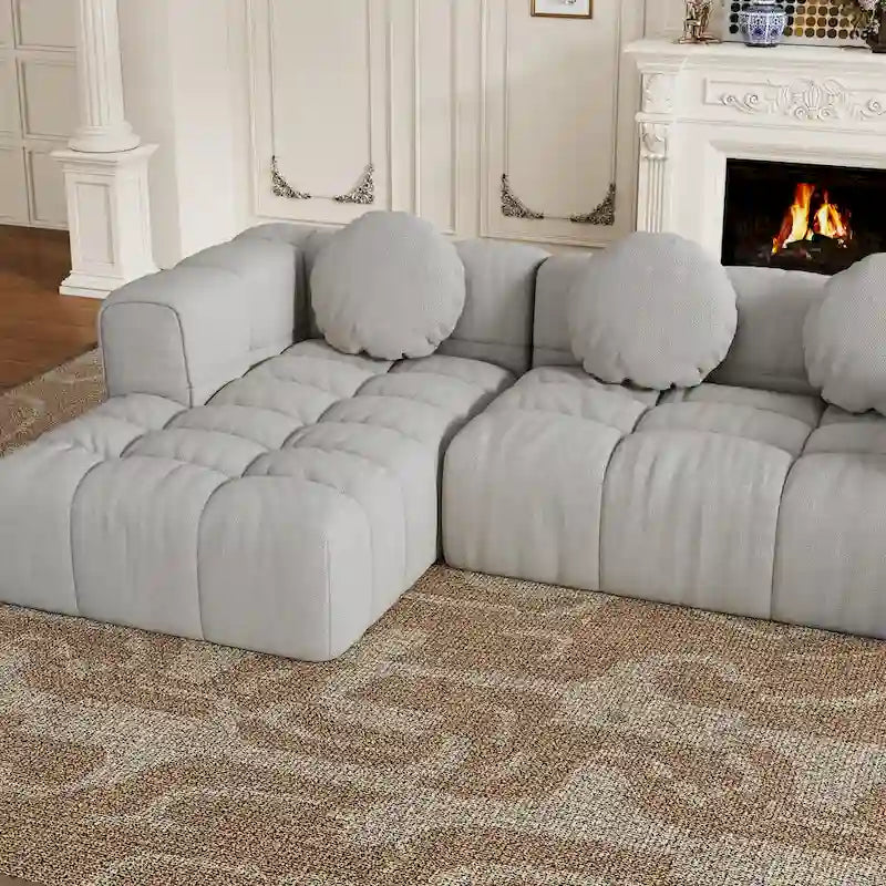 Canapé d'angle en chenille 103, forme en L, avec inclinaison à gauche, 3 oreillers et design modulaire