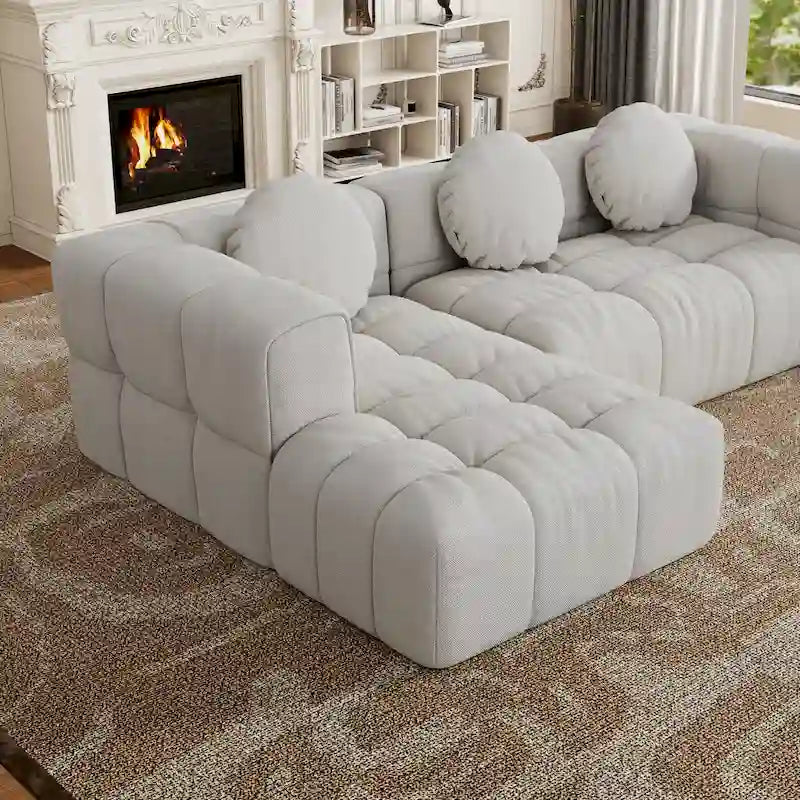 Canapé d'angle en chenille 103, forme en L, avec inclinaison à gauche, 3 oreillers et design modulaire