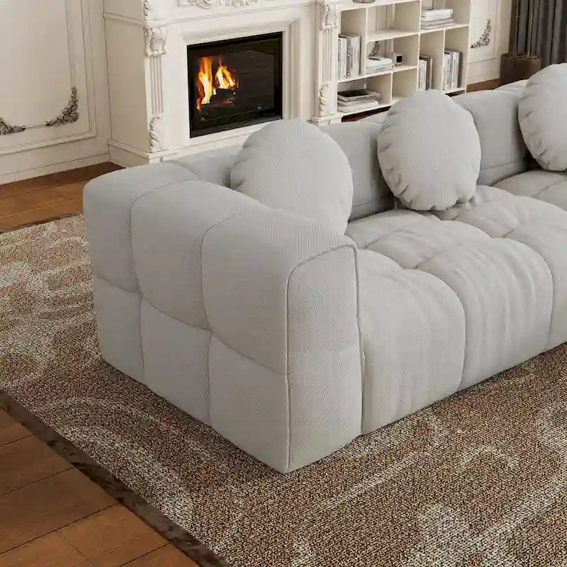 Canapé d'angle en chenille 103, forme en L, avec inclinaison à gauche, 3 oreillers et design modulaire