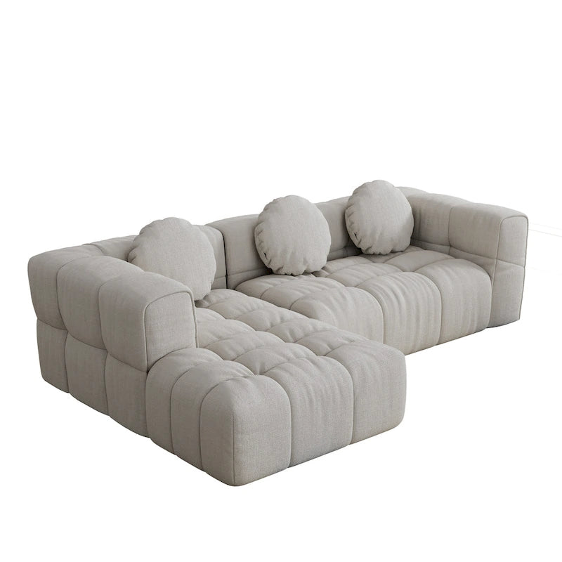 Canapé d'angle en chenille 103, forme en L, avec inclinaison à gauche, 3 oreillers et design modulaire
