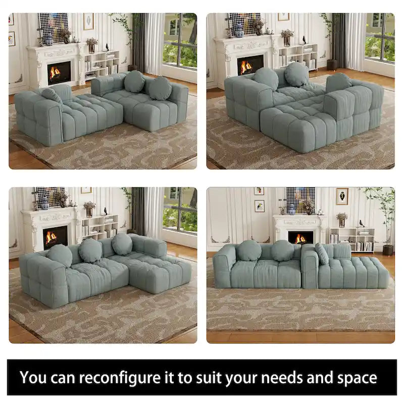 Canapé d'angle en chenille 103, forme en L, avec inclinaison à gauche, 3 oreillers et design modulaire