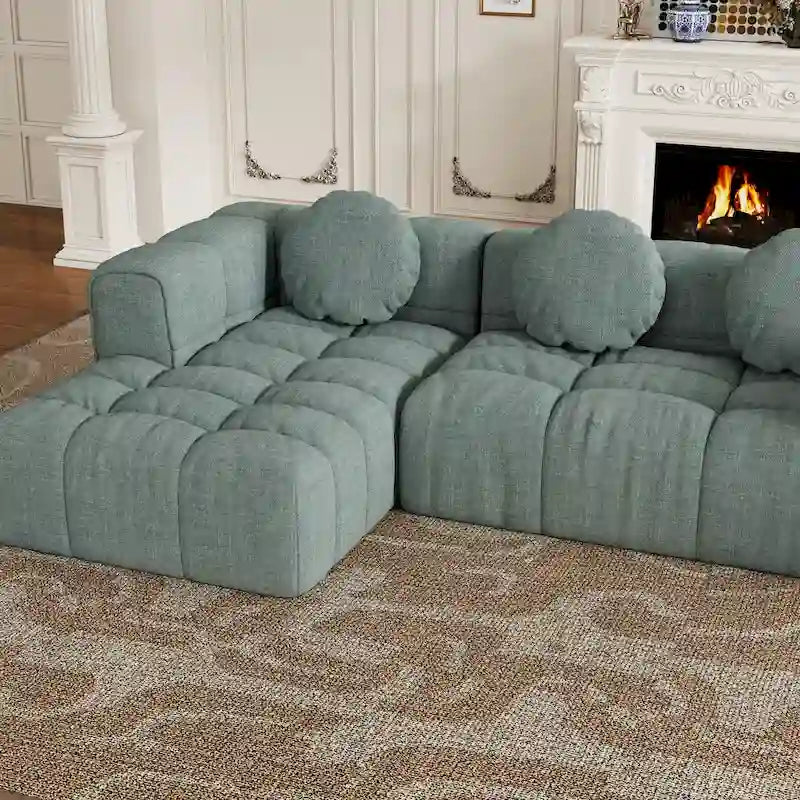 Canapé d'angle en chenille 103, forme en L, avec inclinaison à gauche, 3 oreillers et design modulaire