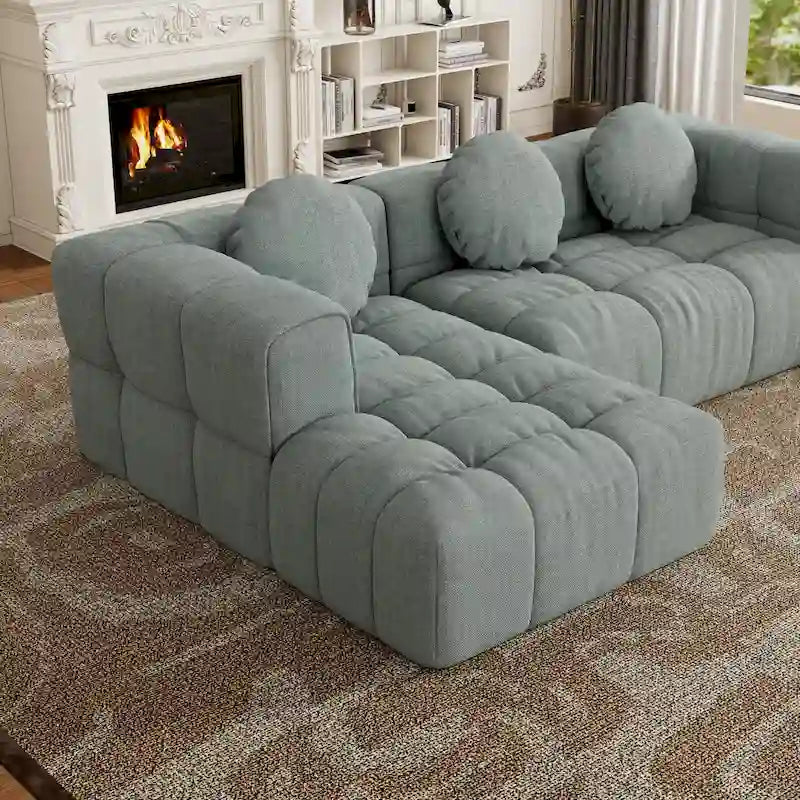 Canapé d'angle en chenille 103, forme en L, avec inclinaison à gauche, 3 oreillers et design modulaire