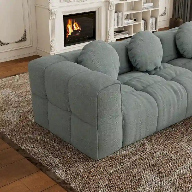 Canapé d'angle en chenille 103, forme en L, avec inclinaison à gauche, 3 oreillers et design modulaire