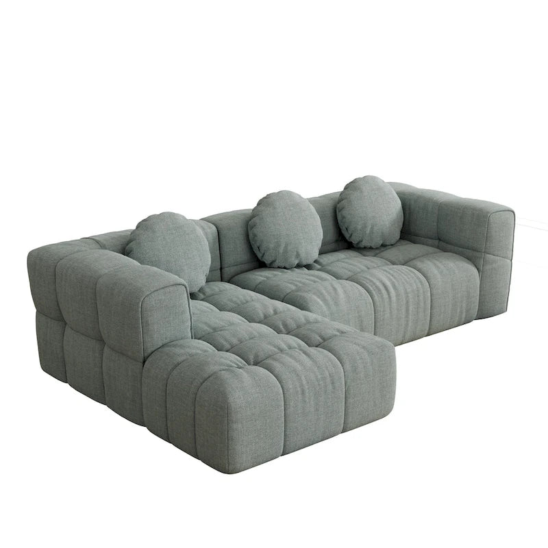 Canapé d'angle en chenille 103, forme en L, avec inclinaison à gauche, 3 oreillers et design modulaire