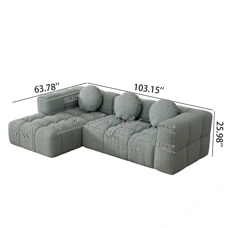 Canapé d'angle en chenille 103, forme en L, avec inclinaison à gauche, 3 oreillers et design modulaire