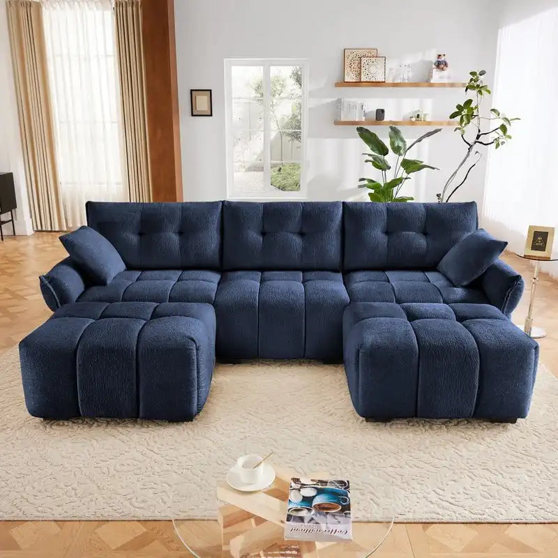 110.2 Canapé 3 places rembourré en chenille, 2 poufs