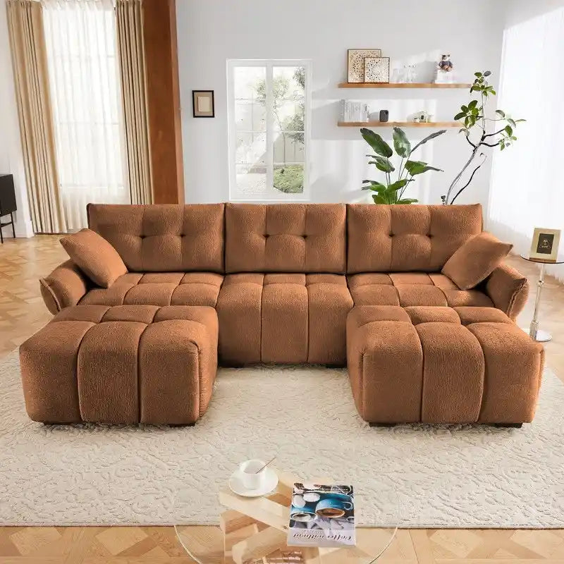 110.2 Canapé 3 places rembourré en chenille, 2 poufs