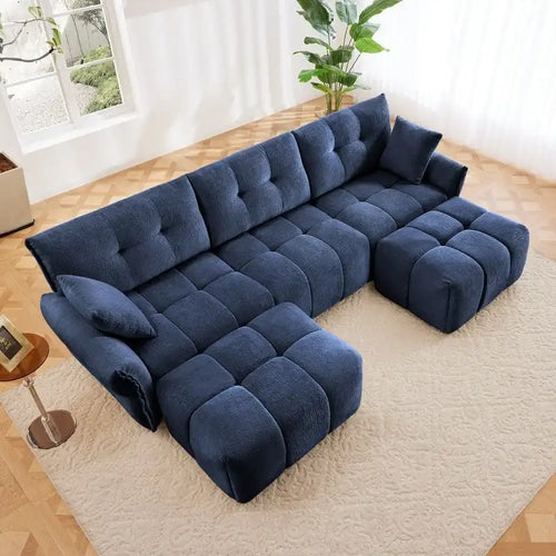 110.2 Canapé 3 places rembourré en chenille, 2 poufs