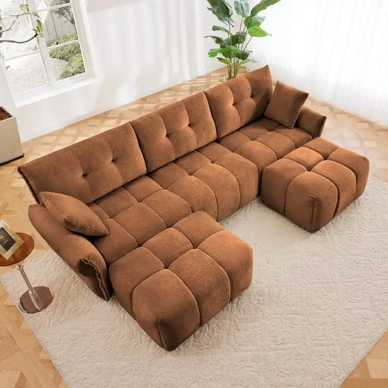 110.2 Canapé 3 places rembourré en chenille, 2 poufs