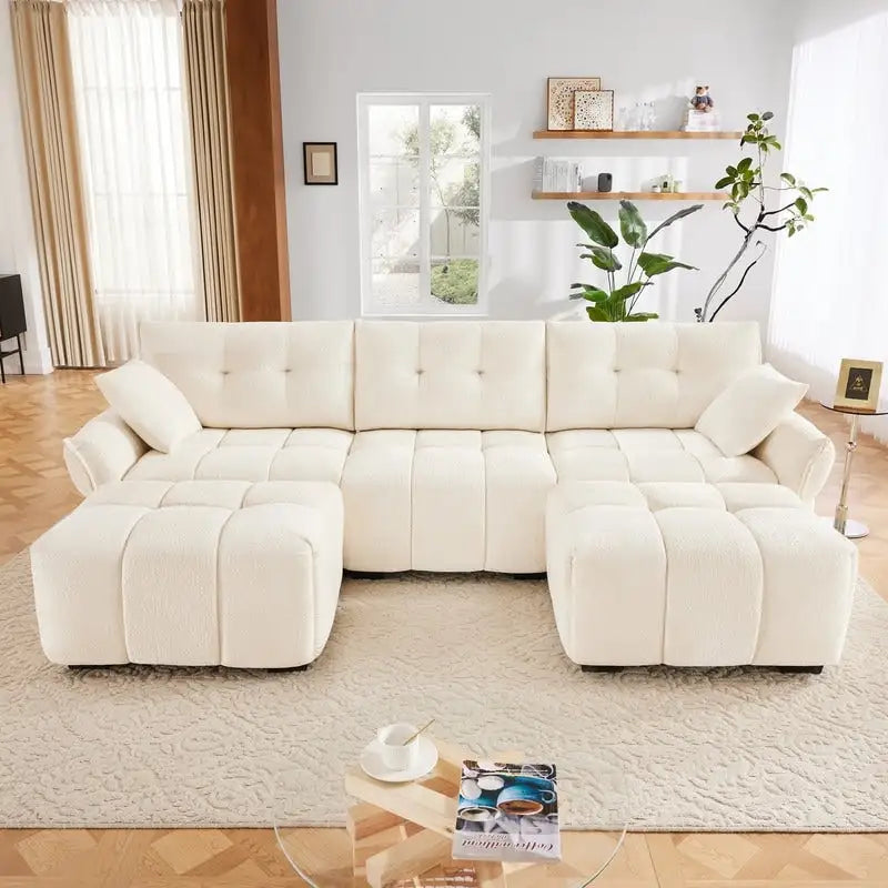 110.2 Canapé 3 places rembourré en chenille, 2 poufs