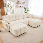 110.2 Canapé 3 places rembourré en chenille, 2 poufs
