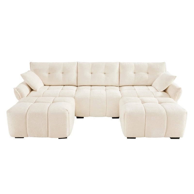 110.2 Canapé 3 places rembourré en chenille, 2 poufs