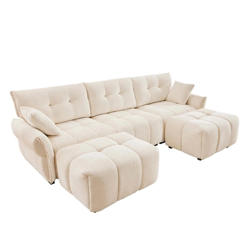 110.2 Canapé 3 places rembourré en chenille, 2 poufs