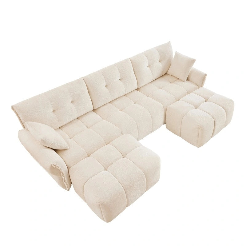 110.2 Canapé 3 places rembourré en chenille, 2 poufs