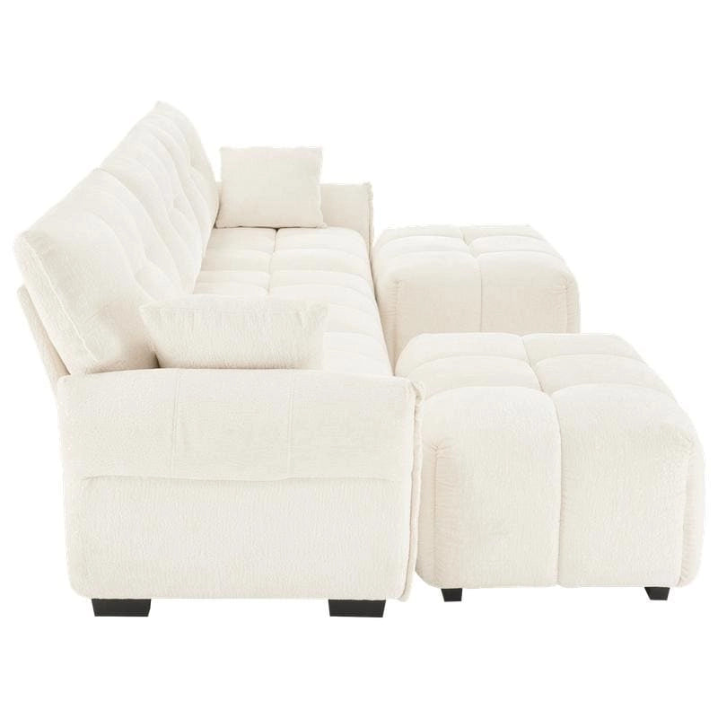 110.2 Canapé 3 places rembourré en chenille, 2 poufs