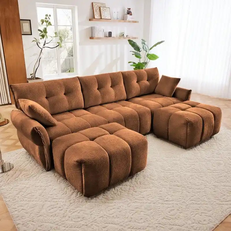 110.2 Canapé 3 places rembourré en chenille, 2 poufs