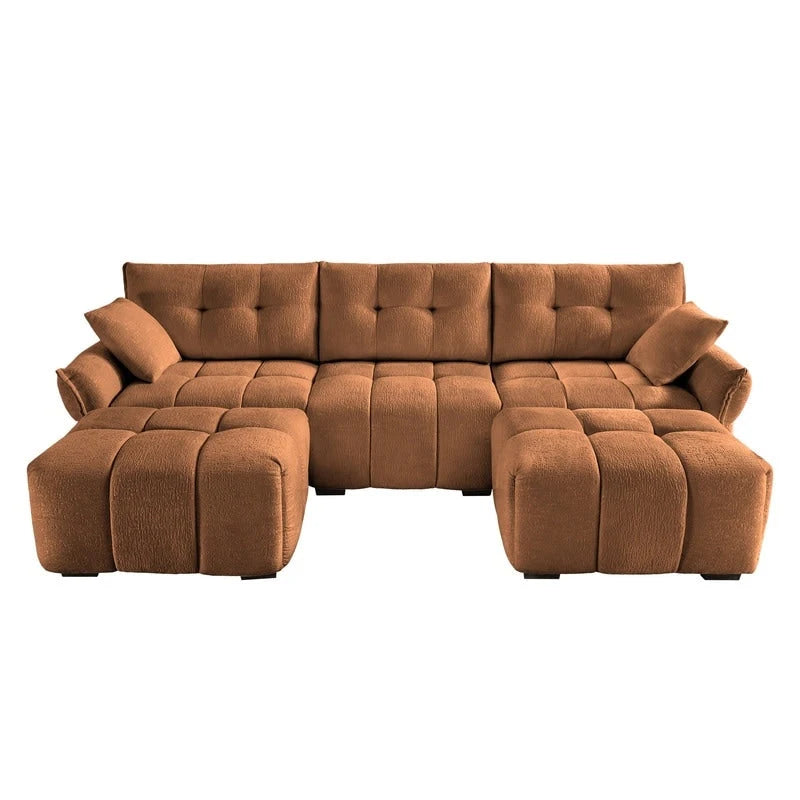 110.2 Canapé 3 places rembourré en chenille, 2 poufs