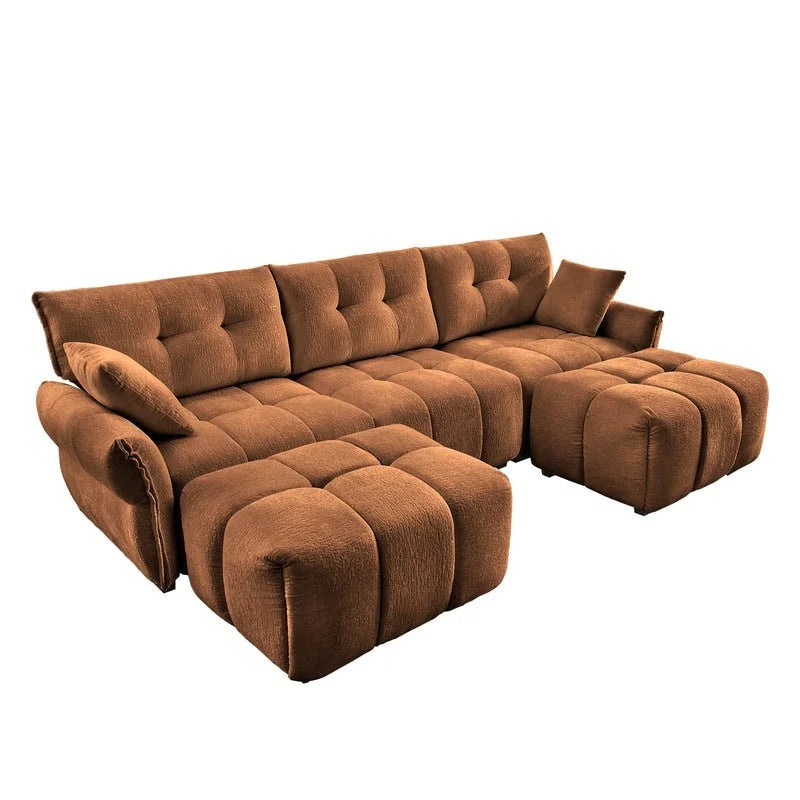 110.2 Canapé 3 places rembourré en chenille, 2 poufs