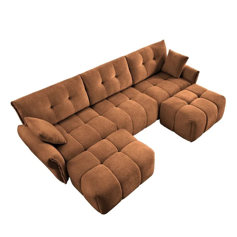 110.2 Canapé 3 places rembourré en chenille, 2 poufs