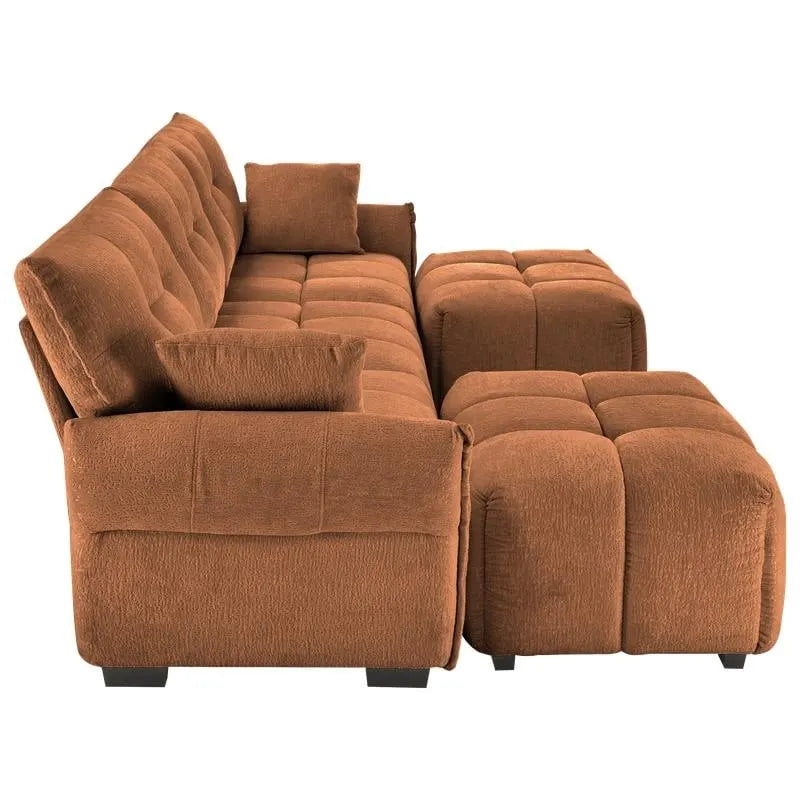 110.2 Canapé 3 places rembourré en chenille, 2 poufs