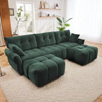 110.2 Canapé 3 places rembourré en chenille, 2 poufs