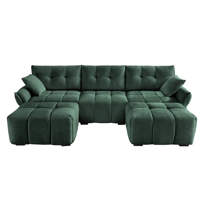 110.2 Canapé 3 places rembourré en chenille, 2 poufs