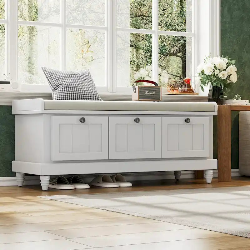 Banc à chaussures cannelé classique avec coussin et 3 tiroirs