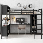 Lit mezzanine métallique tout-en-un avec bureau en L et armoire, cadre de lit de chambre à coucher avec cubes de rangement, étagères, garde-corps pleine longueur