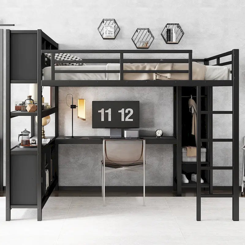 Lit mezzanine métallique tout-en-un avec bureau en L et armoire, cadre de lit de chambre à coucher avec cubes de rangement, étagères, garde-corps pleine longueur
