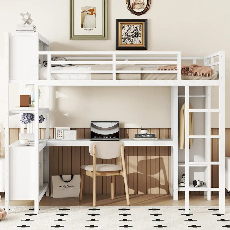 Lit mezzanine métallique tout-en-un avec bureau en L et armoire, cadre de lit de chambre à coucher avec cubes de rangement, étagères, garde-corps pleine longueur