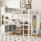 All-in-One Metal Loft Bed with L-Shaped Desk & Wardrobe, Bedrooms Bed Frame with Storage Cubes, Shelves, Full-Length Guardrails