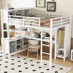 Lit mezzanine métallique tout-en-un avec bureau en L et armoire, cadre de lit de chambre à coucher avec cubes de rangement, étagères, garde-corps pleine longueur
