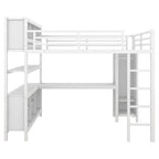 Lit mezzanine métallique tout-en-un avec bureau en L et armoire, cadre de lit de chambre à coucher avec cubes de rangement, étagères, garde-corps pleine longueur