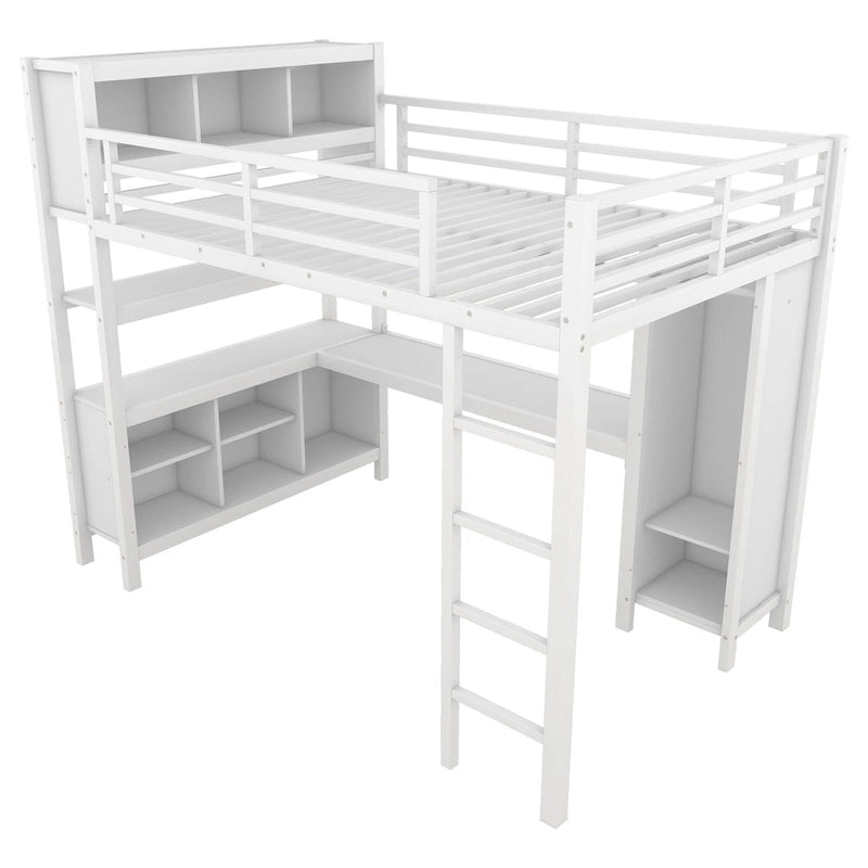 Lit mezzanine métallique tout-en-un avec bureau en L et armoire, cadre de lit de chambre à coucher avec cubes de rangement, étagères, garde-corps pleine longueur