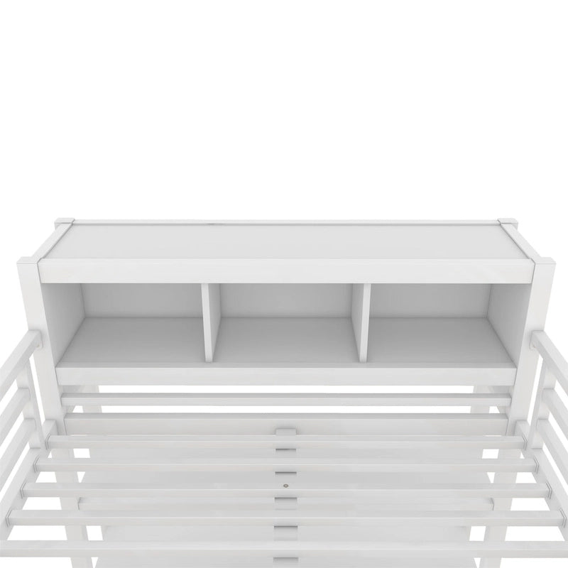 Lit mezzanine métallique tout-en-un avec bureau en L et armoire, cadre de lit de chambre à coucher avec cubes de rangement, étagères, garde-corps pleine longueur