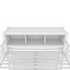 Lit mezzanine métallique tout-en-un avec bureau en L et armoire, cadre de lit de chambre à coucher avec cubes de rangement, étagères, garde-corps pleine longueur
