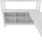 Lit mezzanine métallique tout-en-un avec bureau en L et armoire, cadre de lit de chambre à coucher avec cubes de rangement, étagères, garde-corps pleine longueur