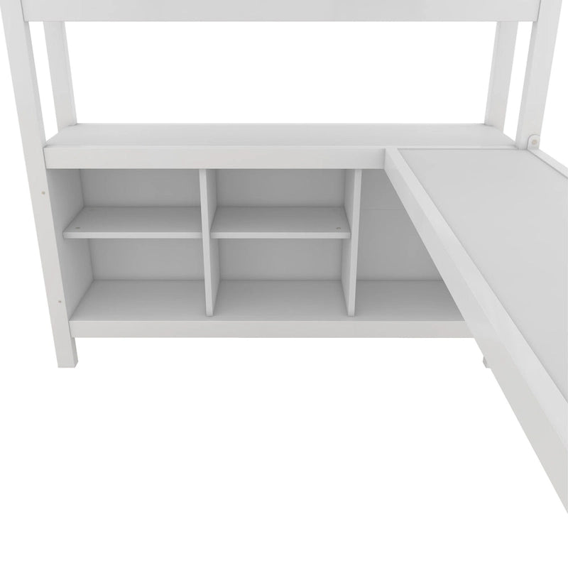 Lit mezzanine métallique tout-en-un avec bureau en L et armoire, cadre de lit de chambre à coucher avec cubes de rangement, étagères, garde-corps pleine longueur